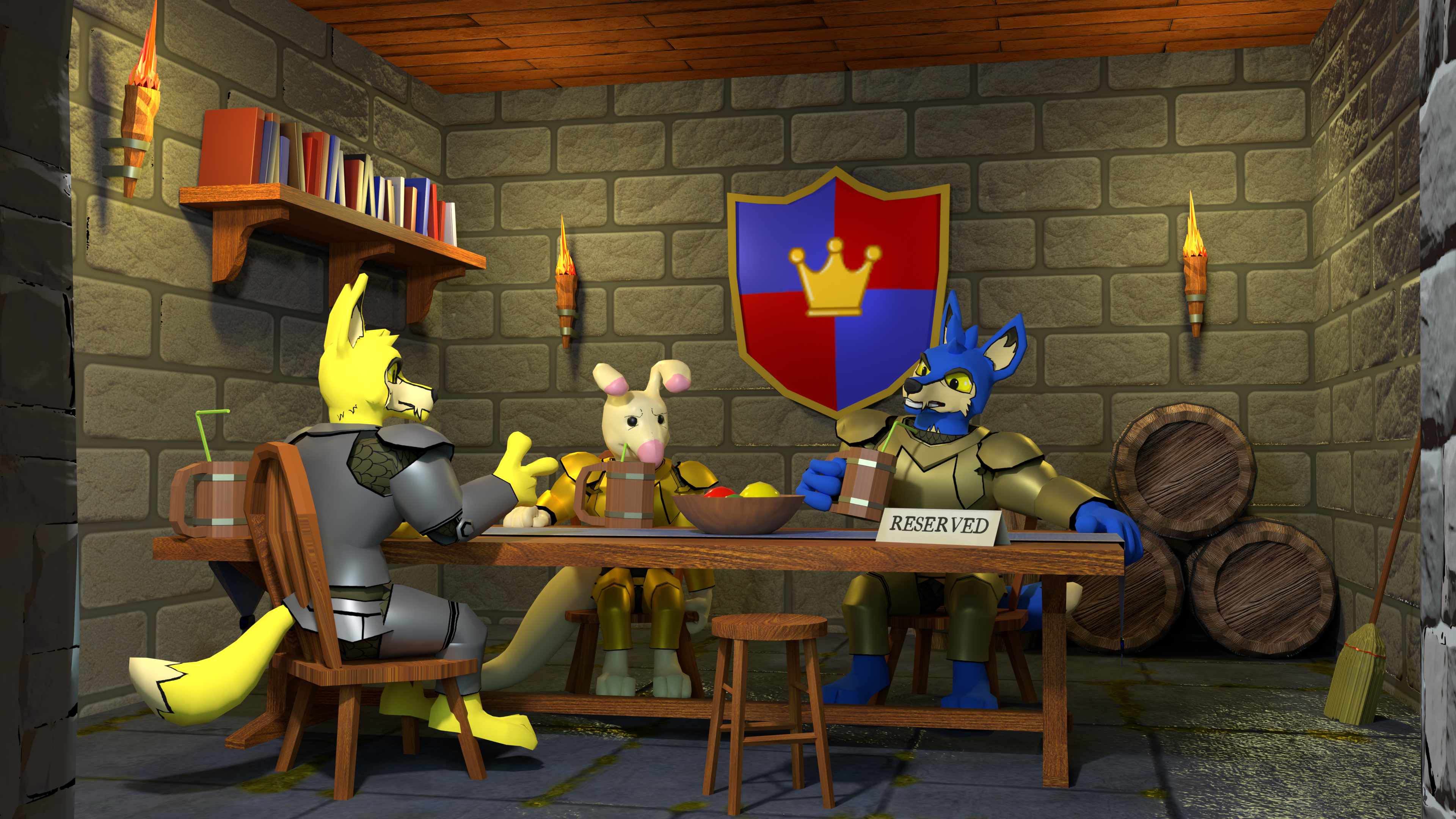 3 neopian knights (Jeran, Tormund, and Rohane) sit in a medieval closet-like room, drinking soda. one seat is open, with a sign that says reserved.